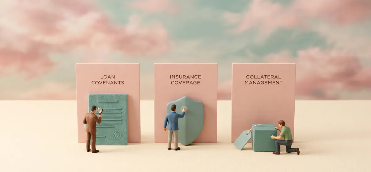 Advisory scene with geometric objects representing banking and collateral controls