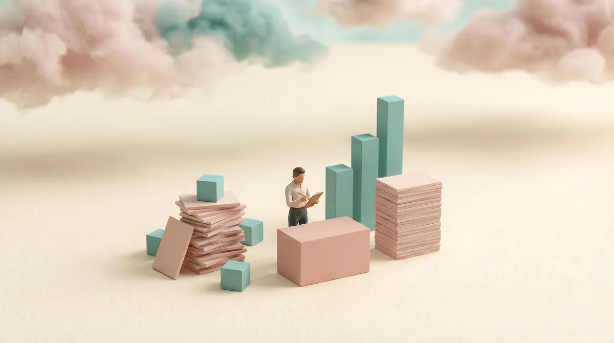 Miniature advisor reviewing stacked reporting blocks to represent financial reporting discipline