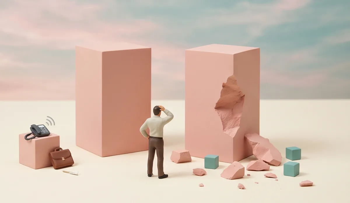 Domino-like business blocks collapsing around a storefront model