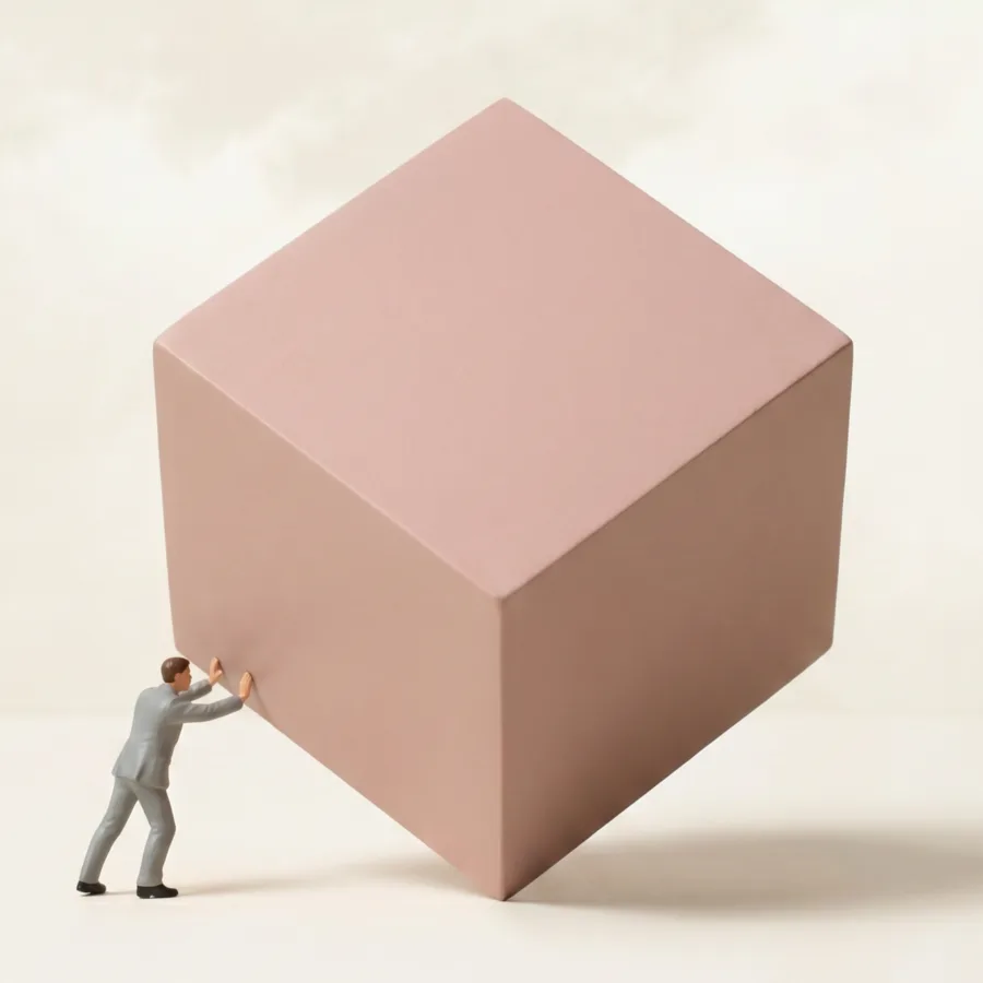 Person pushing a large pink cube