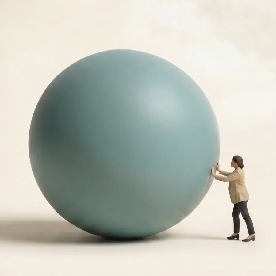 Person pushing a large teal sphere